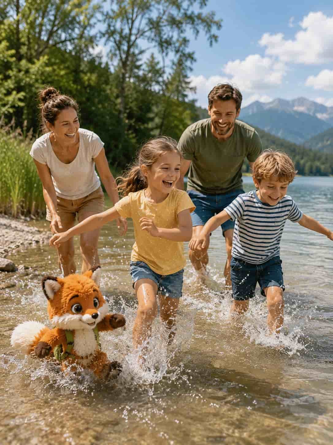 Familie mit Ferifuchs beim Planschen am Wasser als Ersatzbild für Rulantica Rust