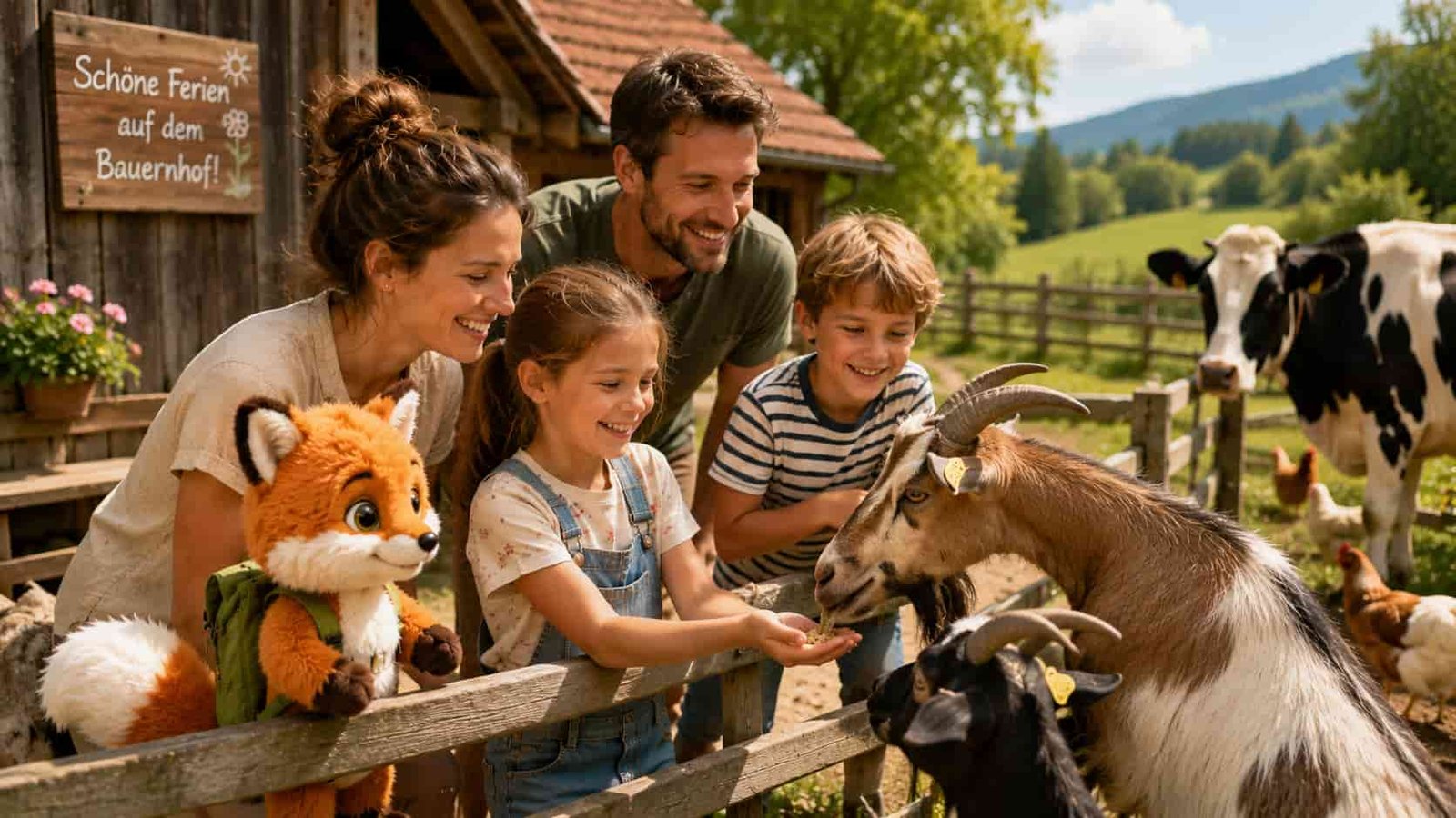 Familie mit Ferifuchs als allgemeines Ersatzbild für einen Freizeitpark-Ausflug in Niedersachsen