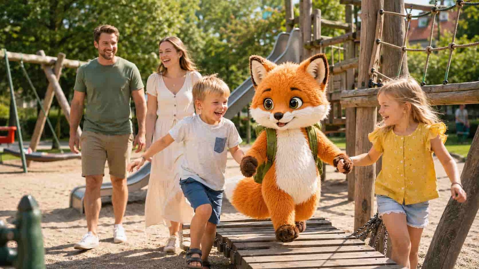 Familie mit Ferifuchs erlebt einen Spielplatz-Ausflug