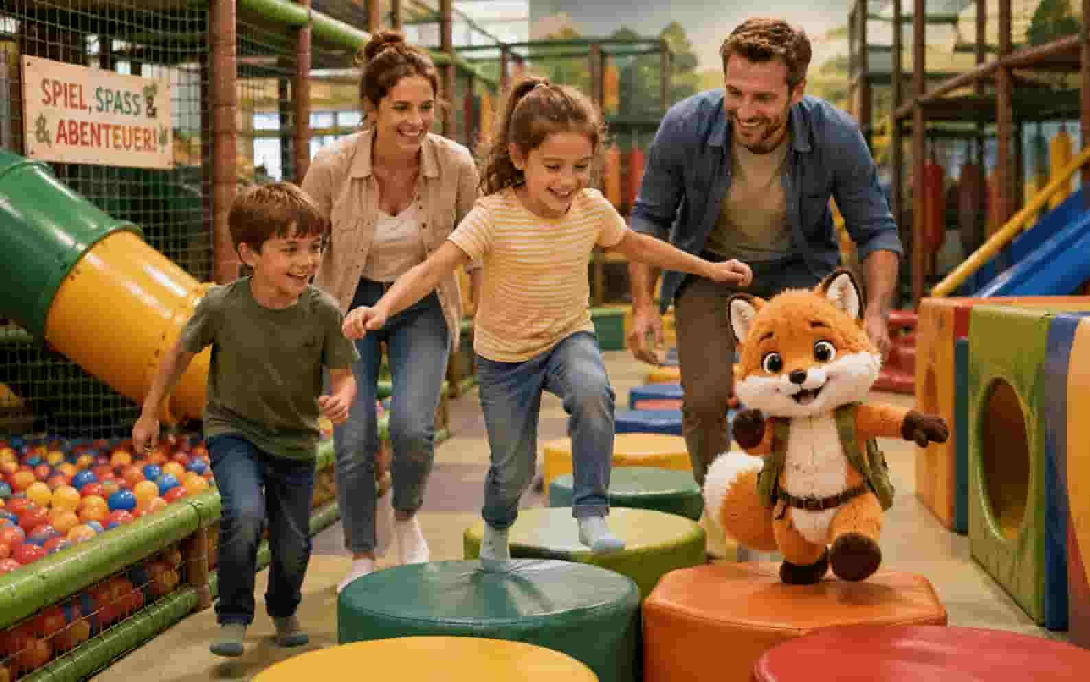 Familie mit Ferifuchs spielt in einem hellen Indoorspielplatz