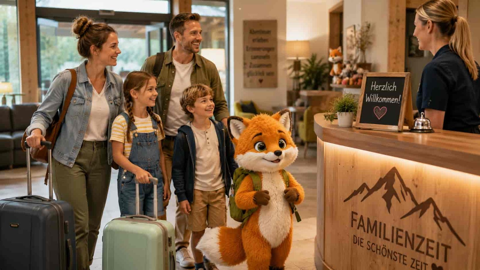 Familie mit Ferifuchs kommt entspannt an einem familienfreundlichen Hotel an