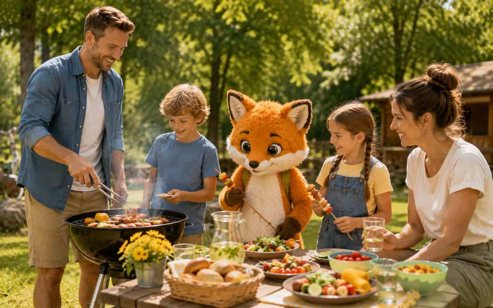 Familie mit Ferifuchs im Grünen als Ersatzbild für den Freizeitpark Ruhpolding