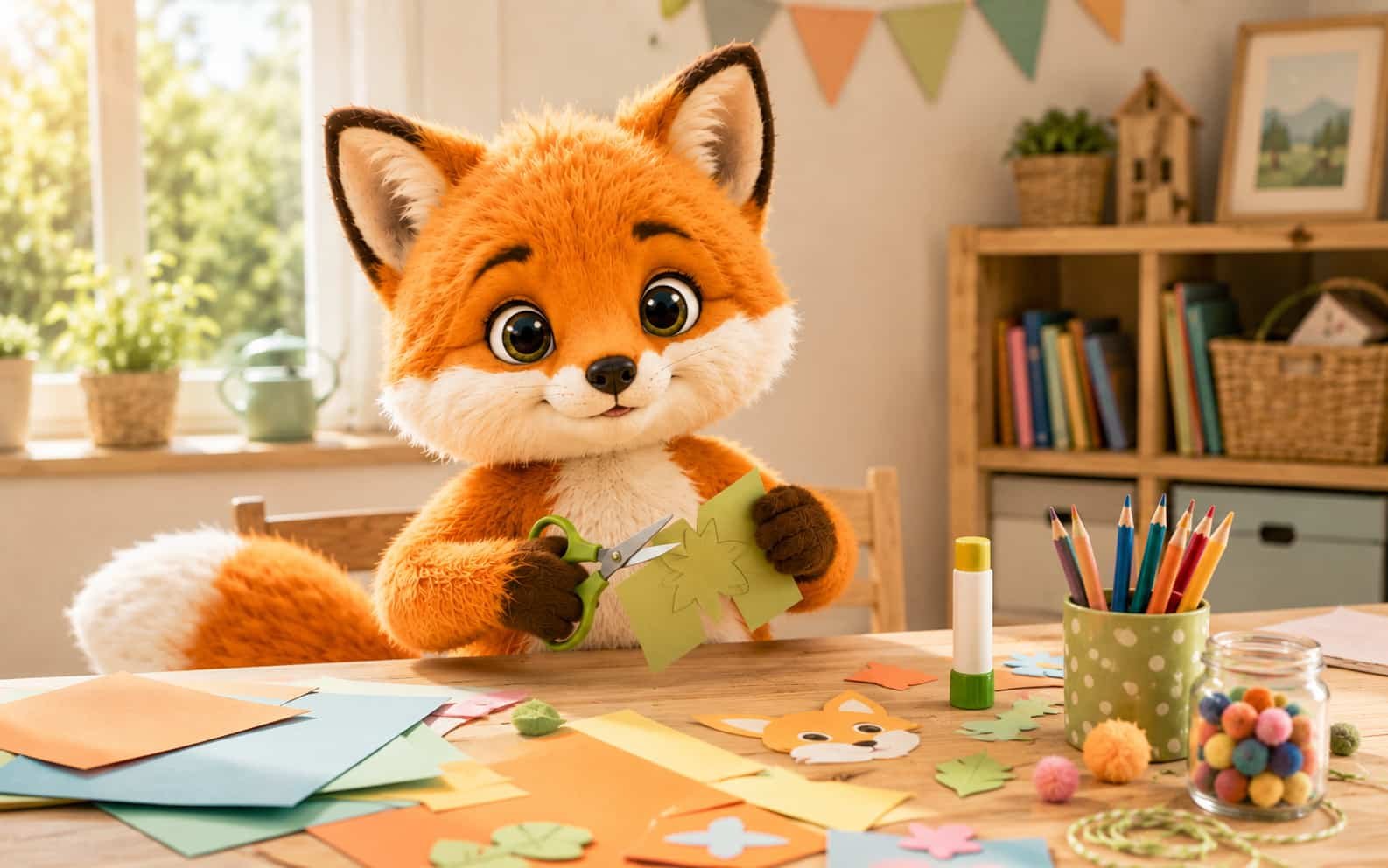 Fini der Ferienfuchs beim Basteln mit buntem Material