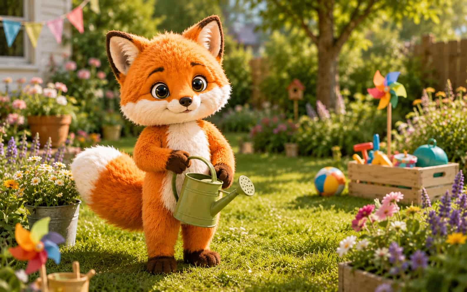 Fini der Ferienfuchs steht freundlich in einer sommerlichen Gartenszene