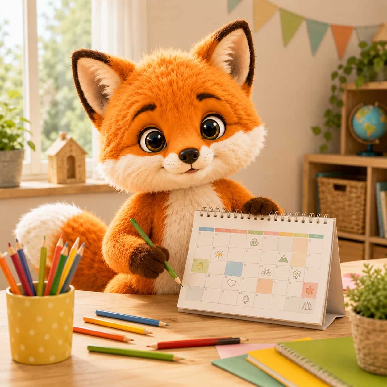 Fini der Ferienfuchs am Planungstisch mit Kalender
