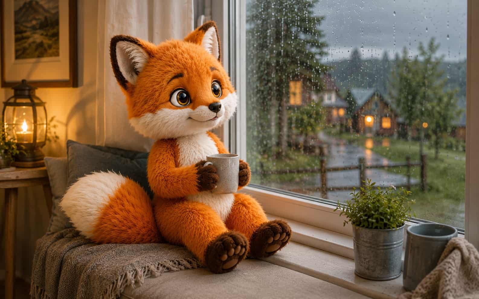 Fini der Ferienfuchs schaut bei Regen aus dem Fenster