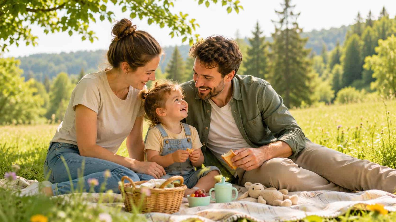 Junge Familie mit Kleinkind macht eine entspannte Pause im Schatten