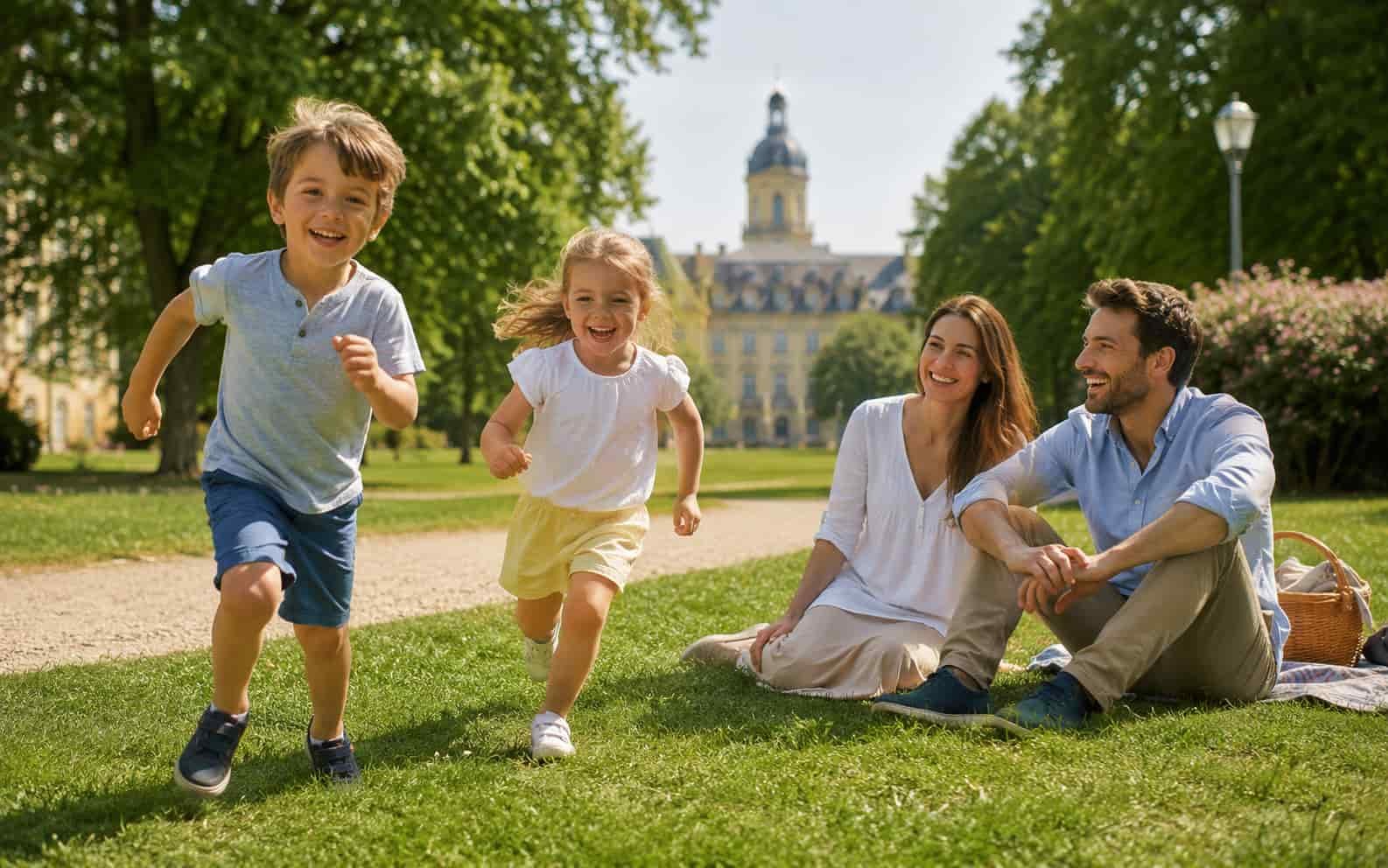 Familie erlebt einen entspannten Ferientag im Stadtpark