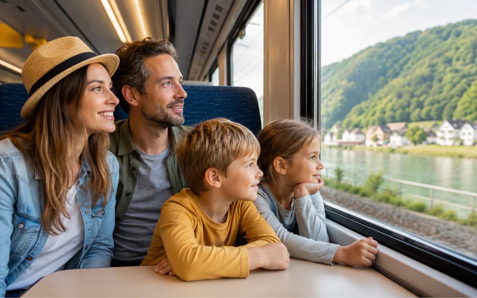 Familie reist entspannt mit der Bahn in den Urlaub