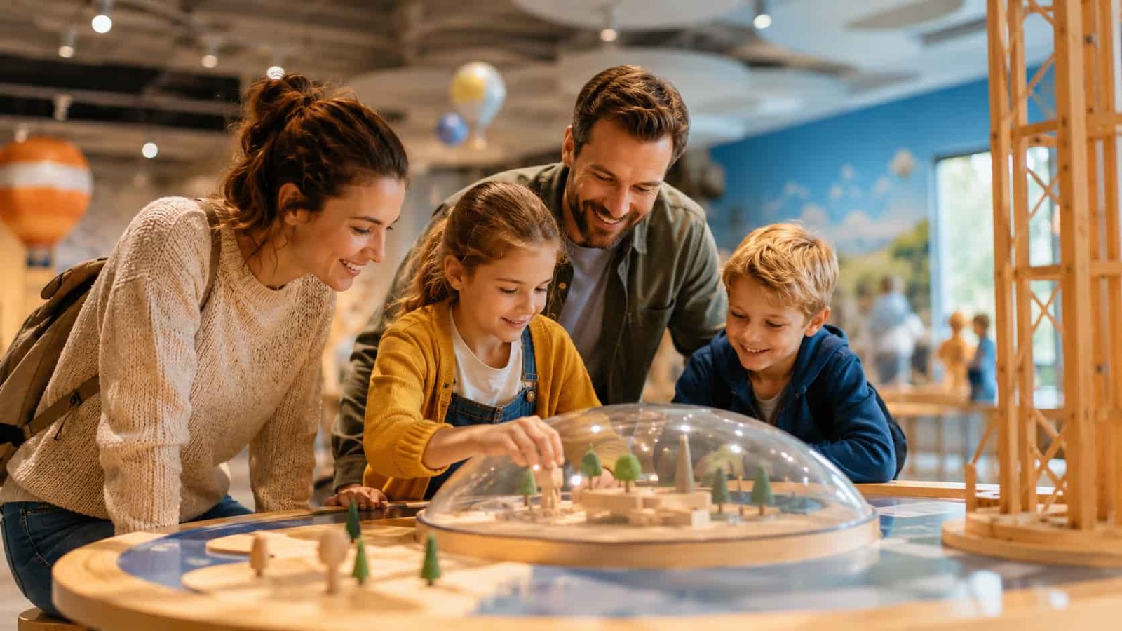Familie in einem hellen Indoor-Ausflugsort bei Regen