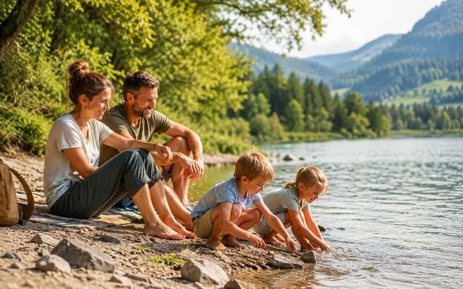 Familie sitzt entspannt an einem Seeufer in Deutschland