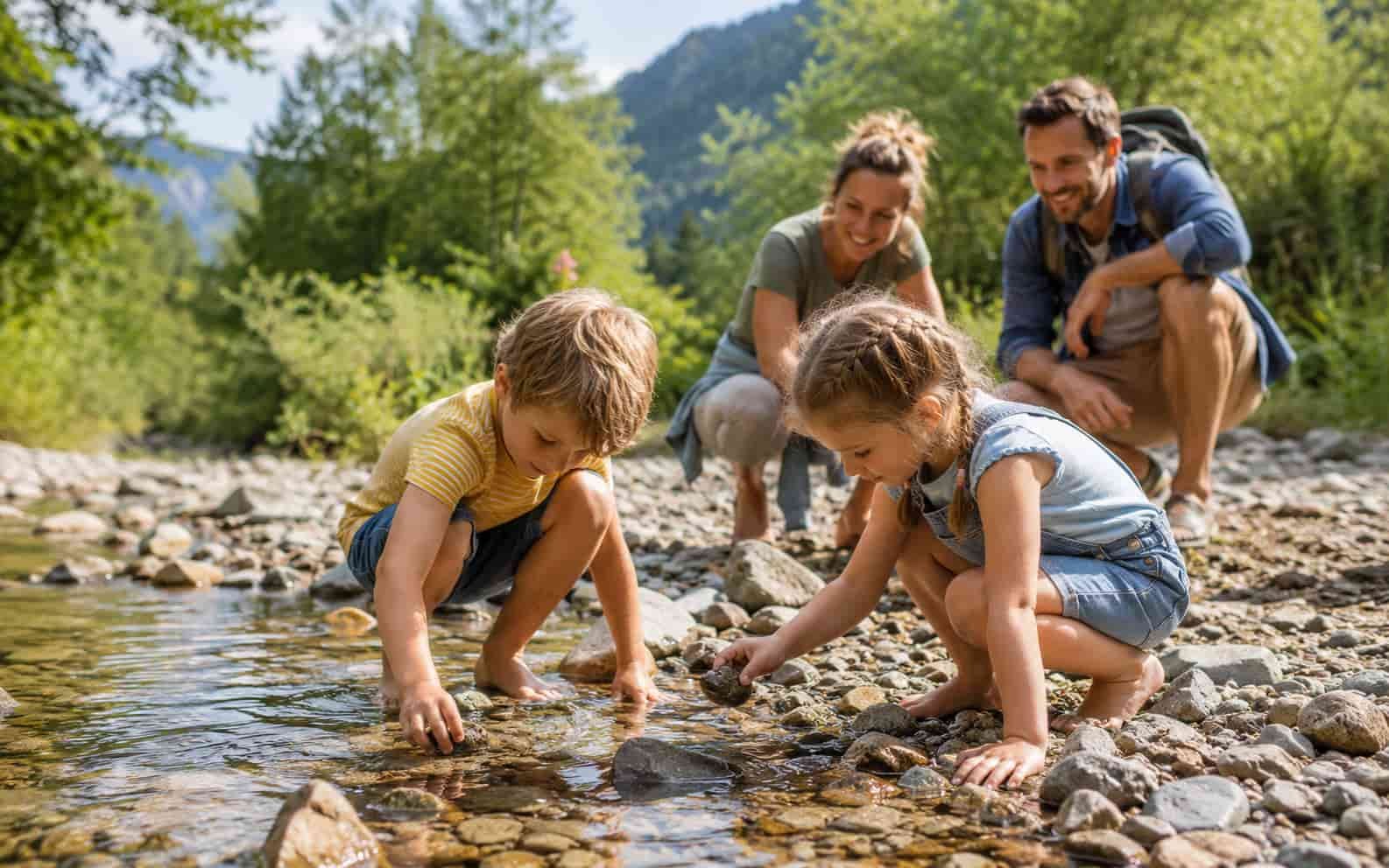 Kinder spielen im Sommer an einem familienfreundlichen Wasserort