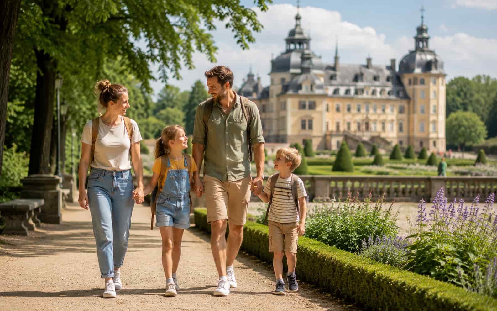 Familie spaziert in Würzburg in historischer Kulisse mit Kindern