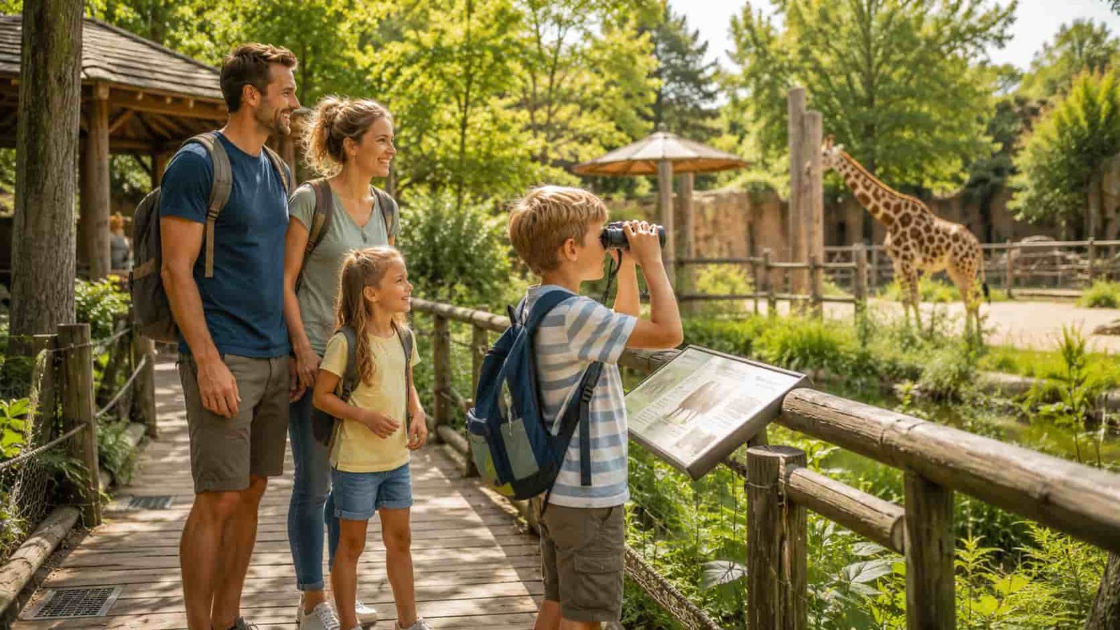 Familie spaziert durch einen grünen Zoo- und Naturpark als Ersatzbild für den Serengeti-Park Hodenhagen