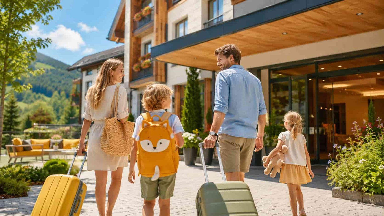 Familie kommt entspannt an einer familienfreundlichen Unterkunft an