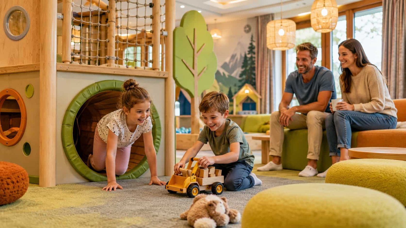 Kinder spielen in einem familienfreundlichen Hotel-Spielbereich als Ersatzbild für die YOKI AHORN Kinderwelt