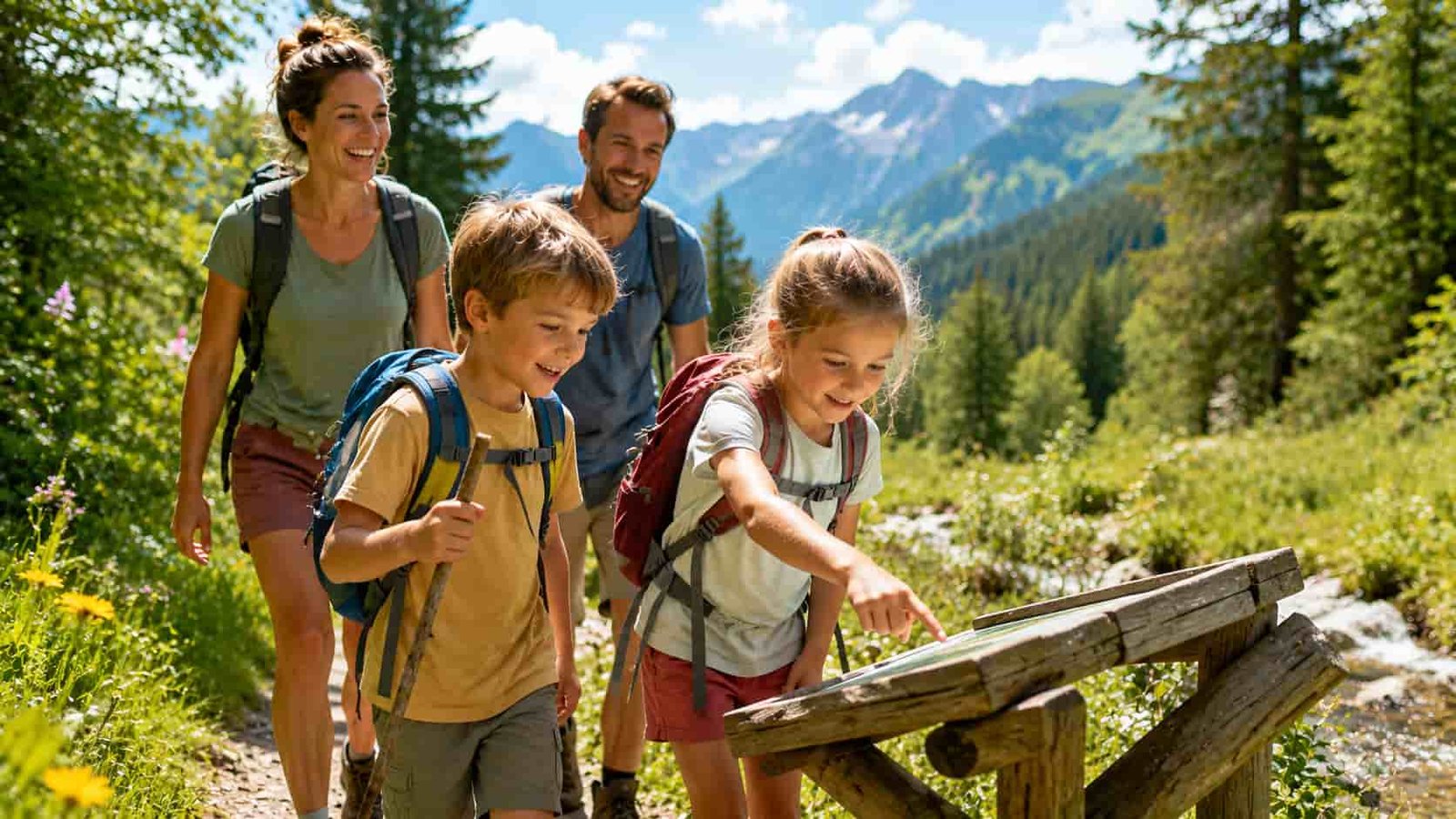 Familie erkundet einen naturnahen Erlebnisweg als Ersatzbild für die Erlebniswelt Seilbahnen Thale