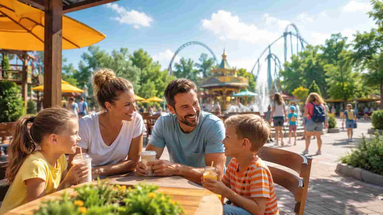 Familie macht Pause in einem gepflegten Freizeitparkbereich als Ersatzbild für den egapark Erfurt