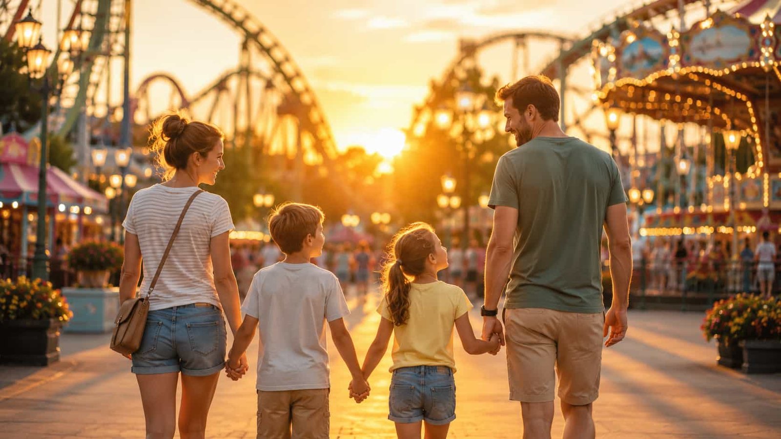 Familie spaziert am Nachmittag durch einen Freizeitpark als Ersatzbild für den Freizeitpark Ruhpolding